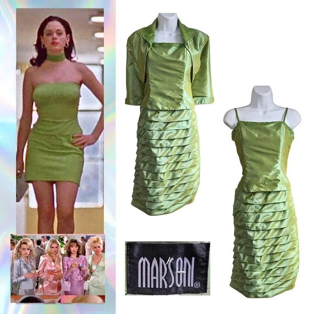 Vtg Y2K MARSONI Avocado Party Dress Jacket Set - The Nanny/Romy & Michele Sz 10